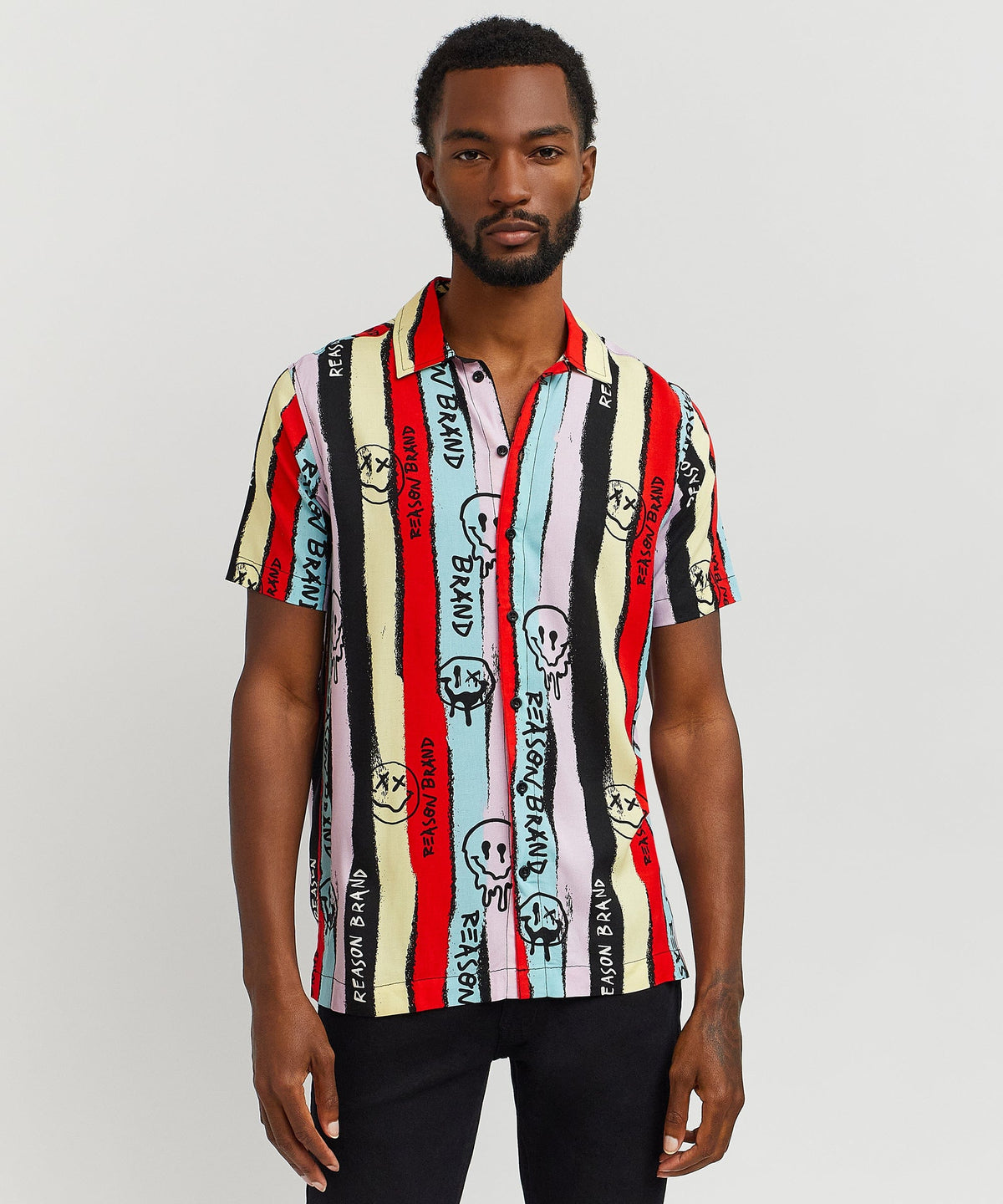 Reason Clothing Trending | Graffiti Viscose Button-Down Short Sleeve Shirt - multicolor