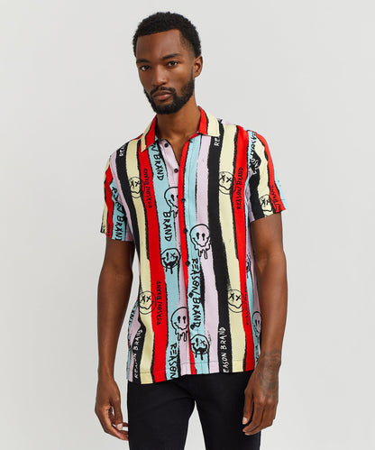 Reason Clothing Trending | Graffiti Viscose Button-Down Short Sleeve Shirt - multicolor
