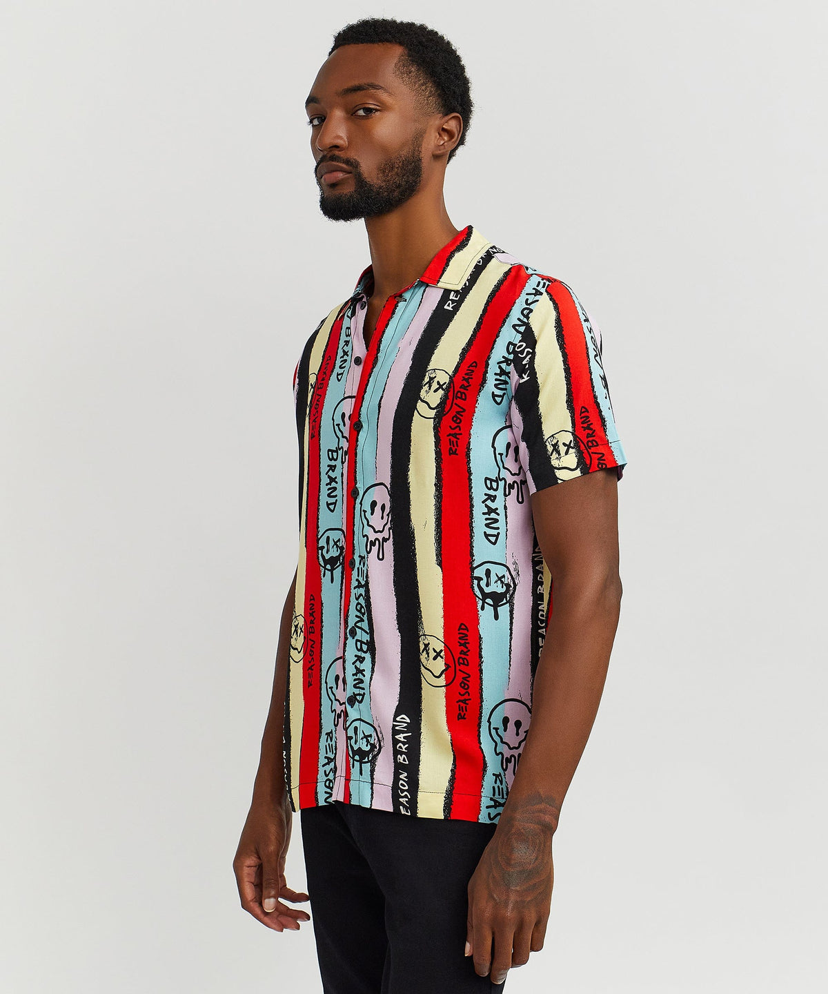 Reason Clothing Trending | Graffiti Viscose Button-Down Short Sleeve Shirt - multicolor