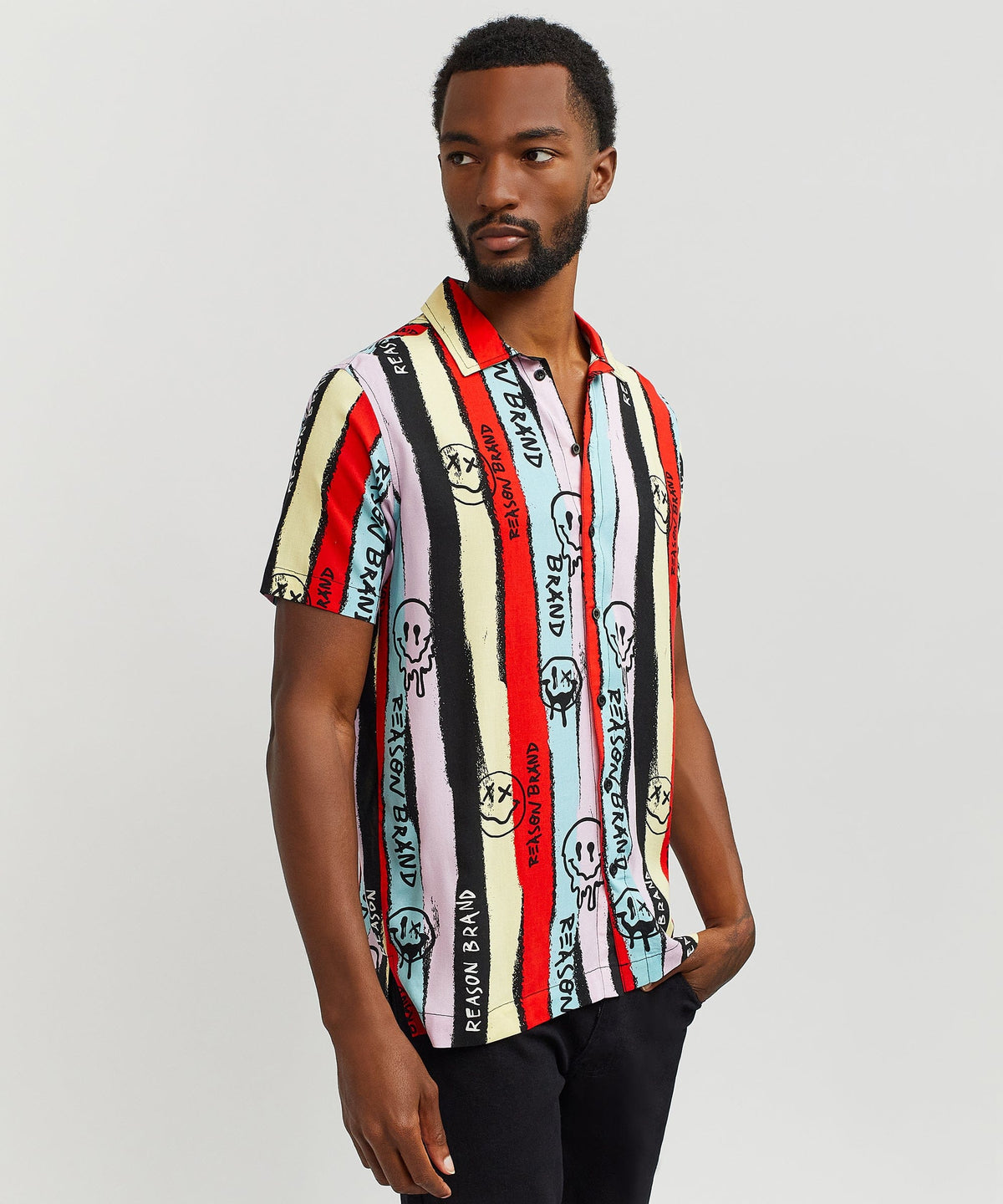 Reason Clothing Trending | Graffiti Viscose Button-Down Short Sleeve Shirt - multicolor