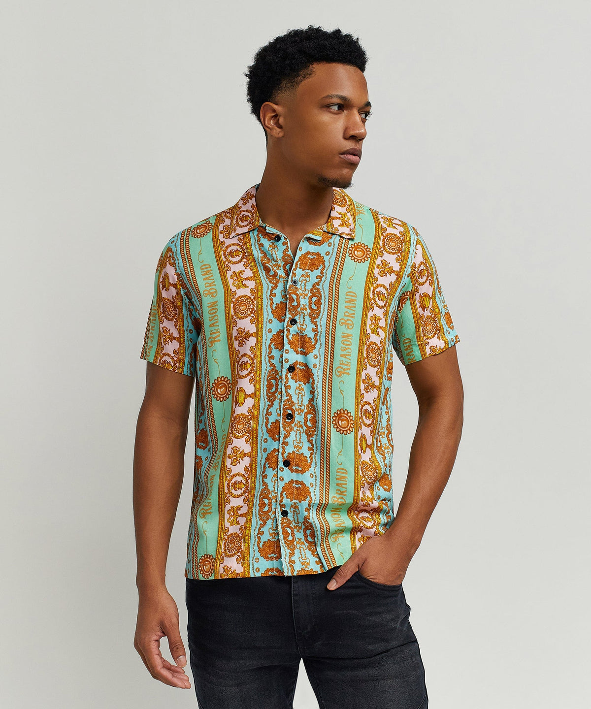 Reason Clothing Recommended | Baroque Viscose Button-Down Short Sleeve Shirt - Multicolor
