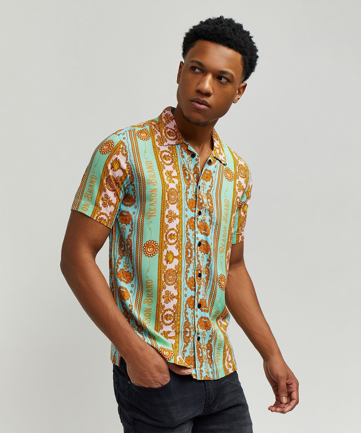 Reason Clothing Recommended | Baroque Viscose Button-Down Short Sleeve Shirt - Multicolor