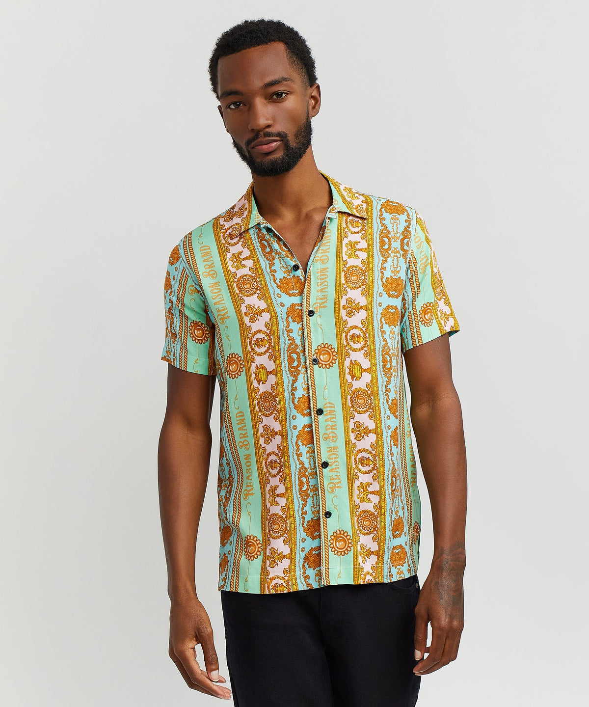 Reason Clothing Recommended | Baroque Viscose Button-Down Short Sleeve Shirt - Multicolor
