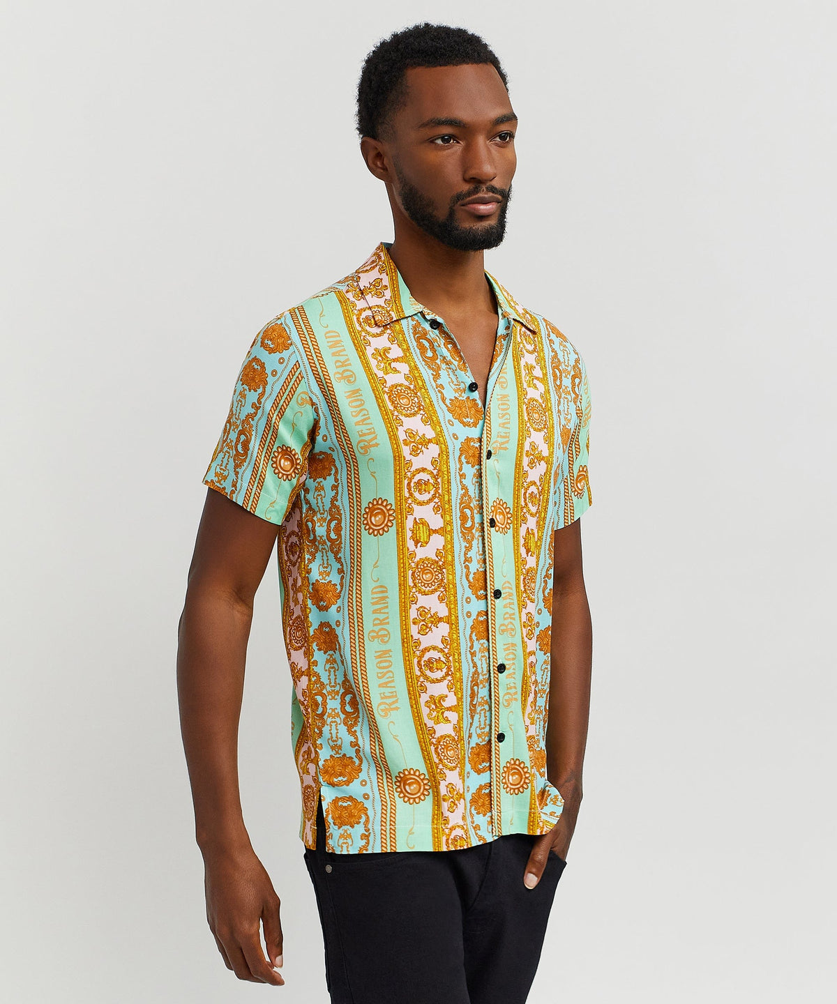 Reason Clothing Recommended | Baroque Viscose Button-Down Short Sleeve Shirt - Multicolor