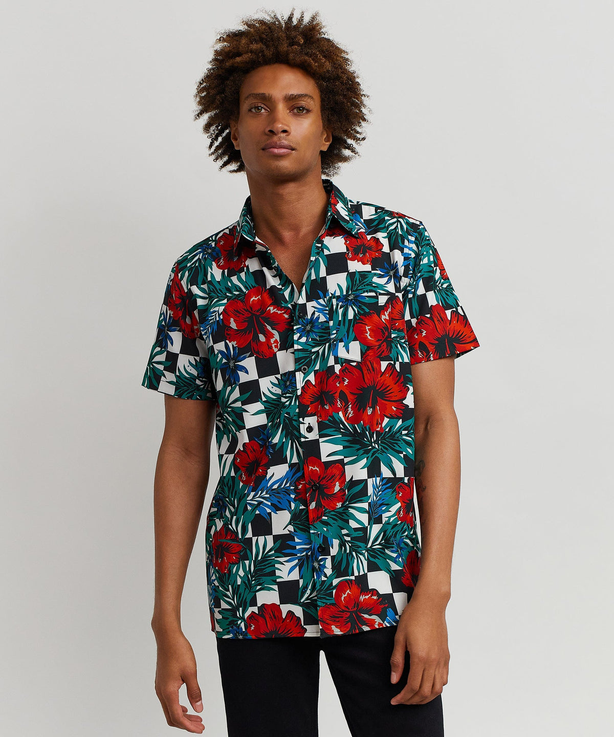 Reason Clothing Featured | Floral Check Viscose Button-Down Short Sleeve Short