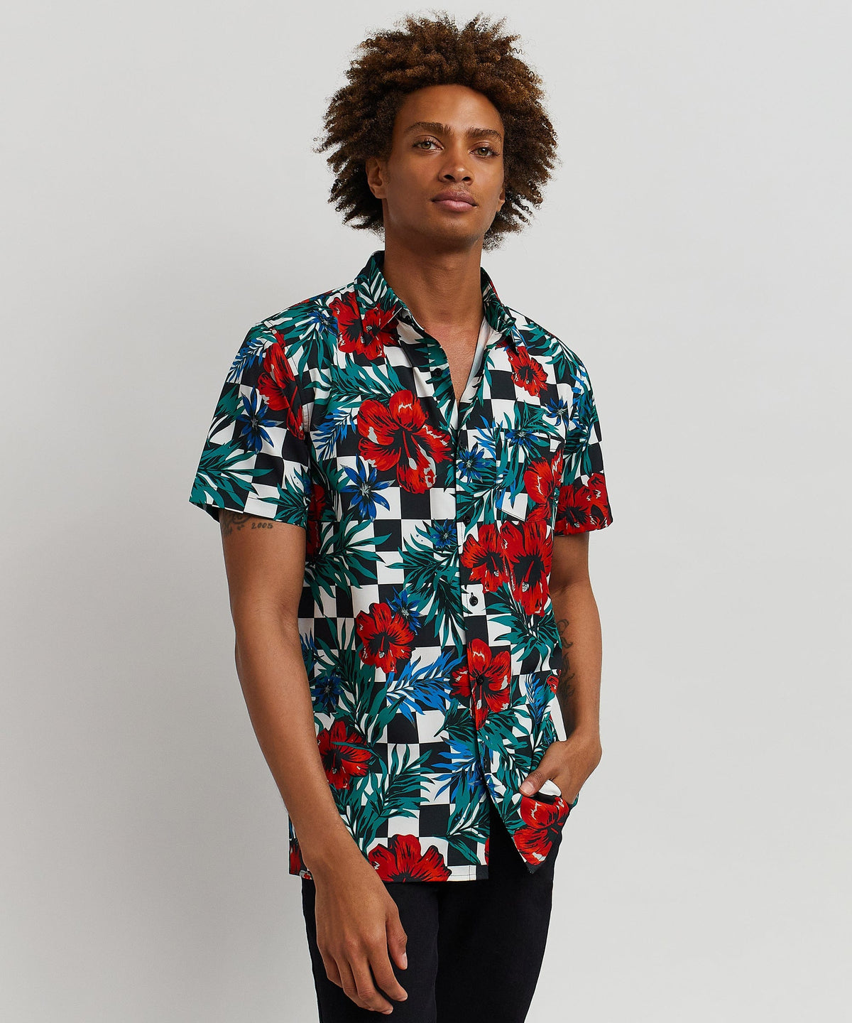 Reason Clothing Featured | Floral Check Viscose Button-Down Short Sleeve Short