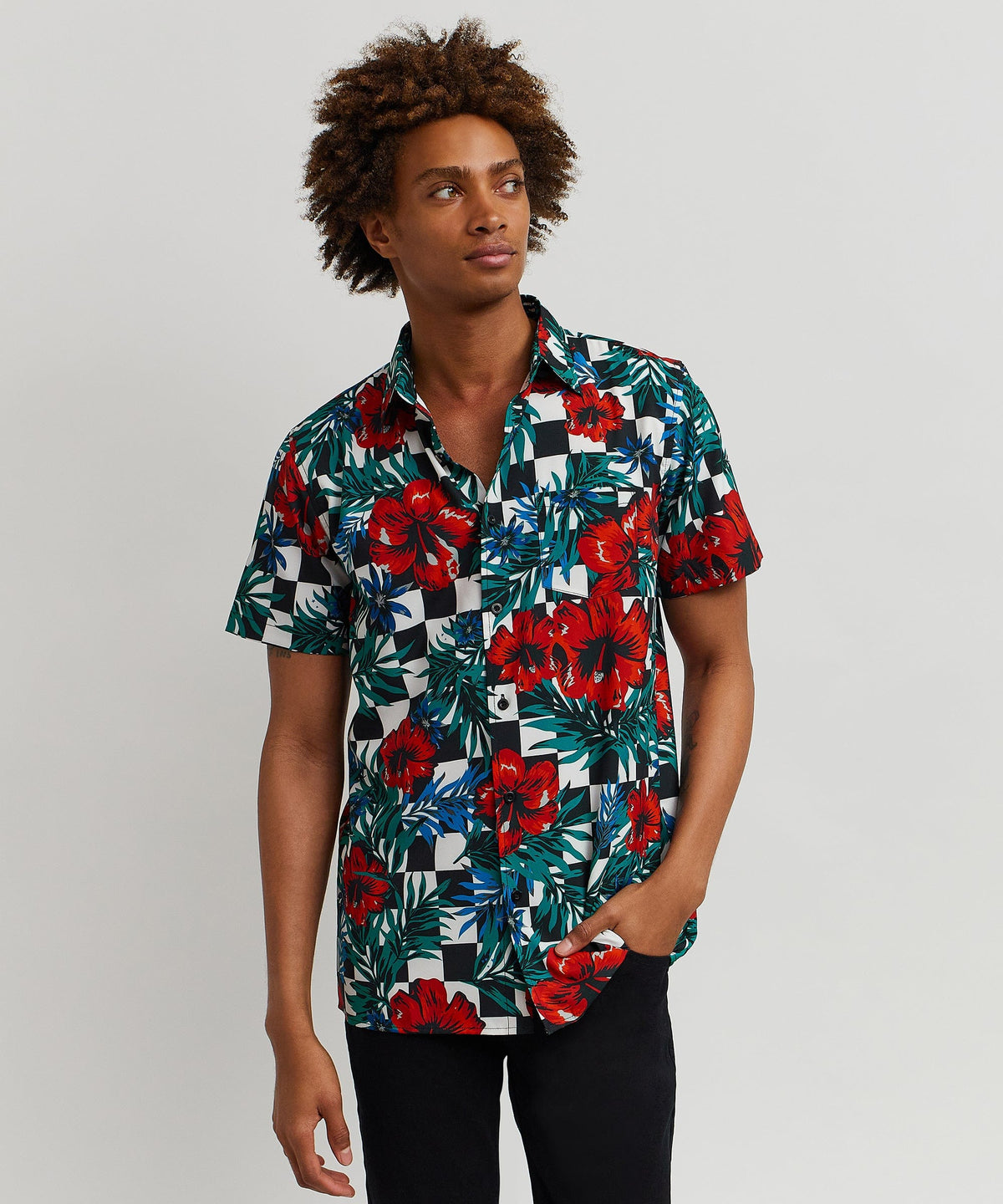 Reason Clothing Featured | Floral Check Viscose Button-Down Short Sleeve Short