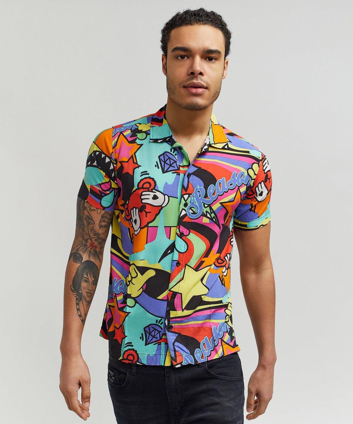 Reason Clothing Discount | Trippy Viscose Button-Down Short Sleeve Shirt - Multicolor