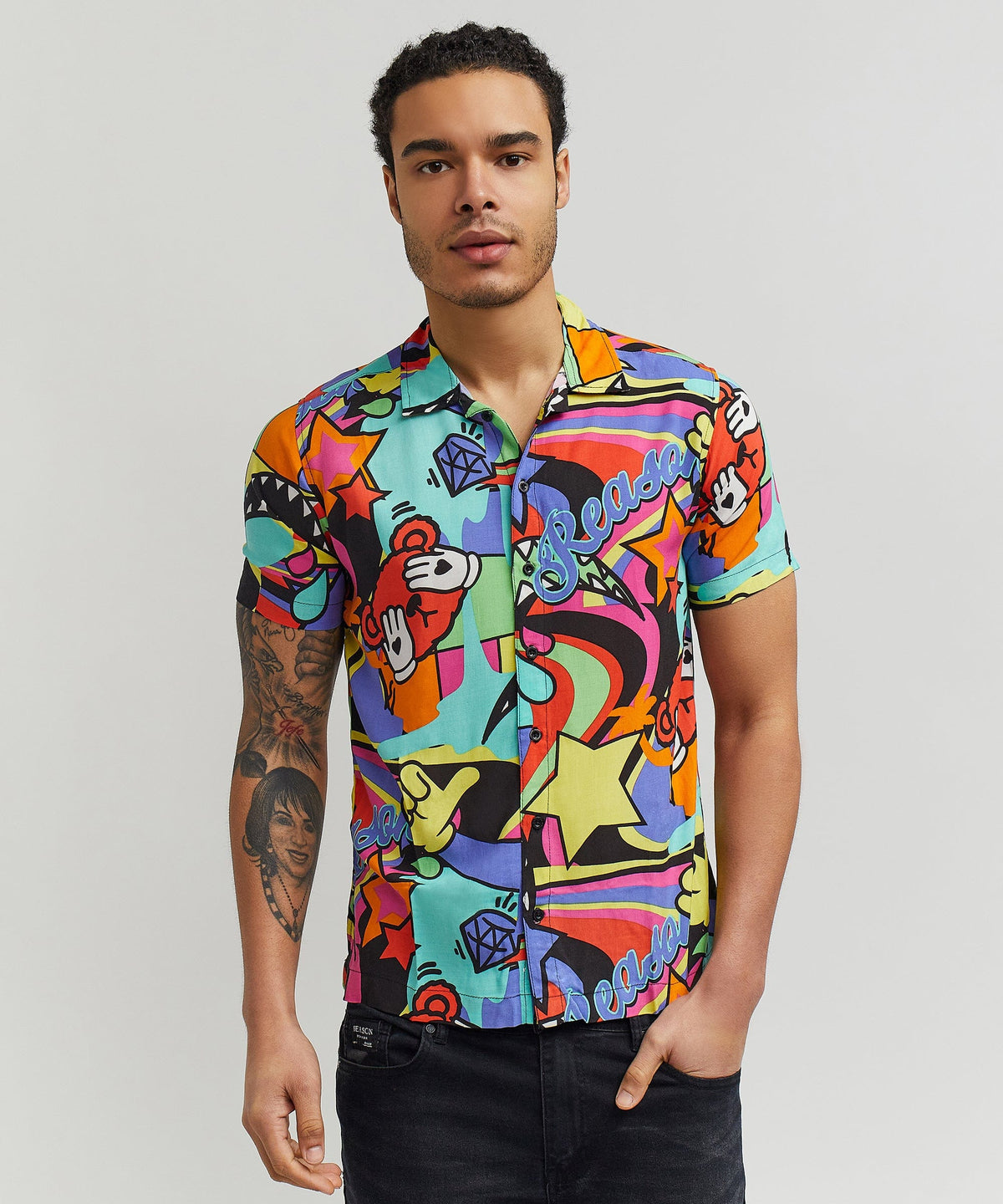 Reason Clothing Discount | Trippy Viscose Button-Down Short Sleeve Shirt - Multicolor