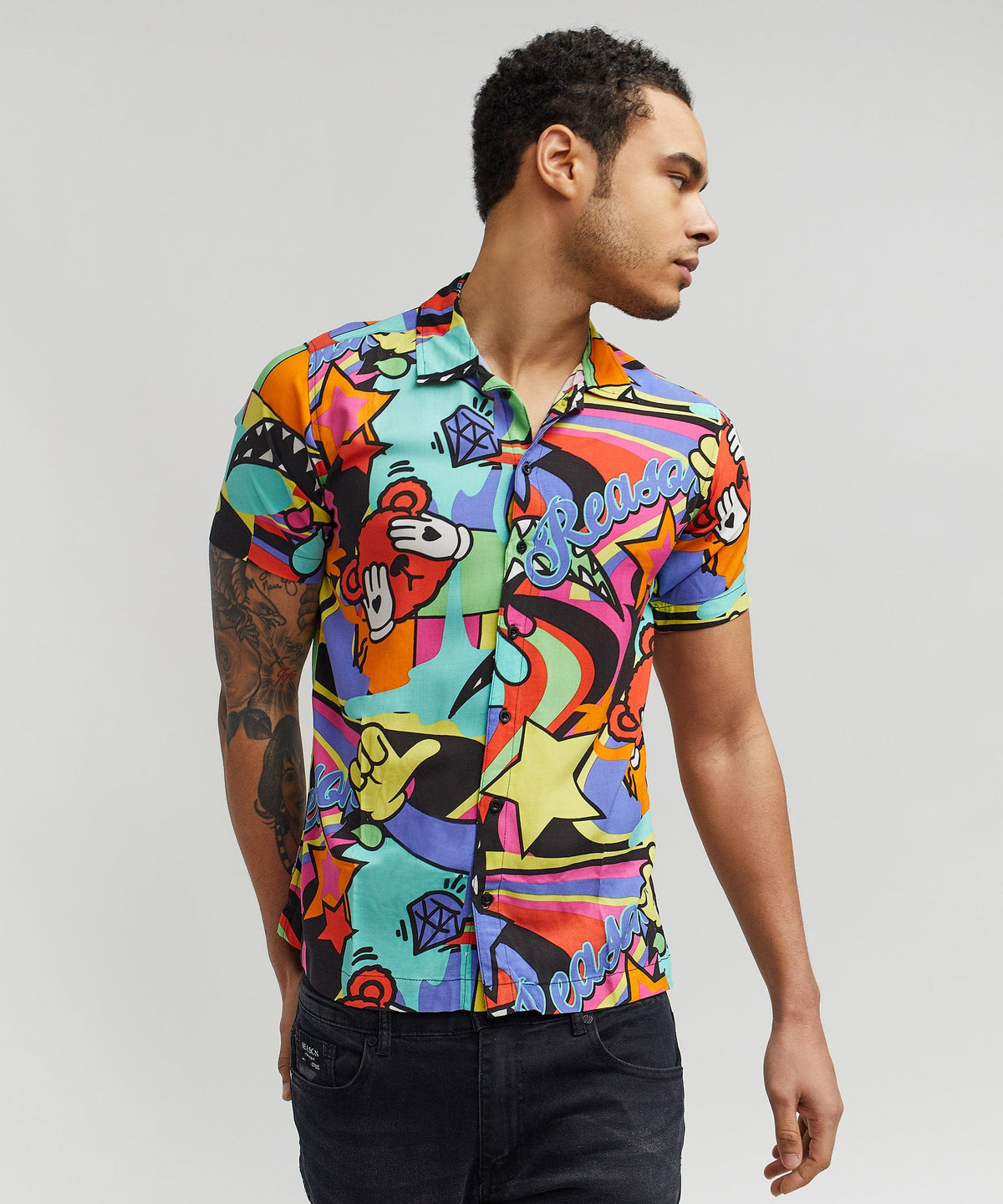 Reason Clothing Discount | Trippy Viscose Button-Down Short Sleeve Shirt - Multicolor