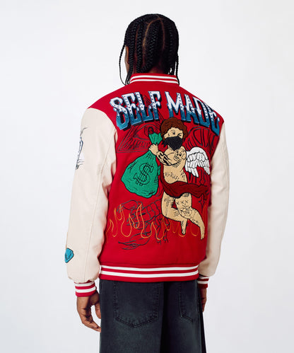 Reason Clothing Great Value | Self Made Faux Leather Sleeve Jacket - Red