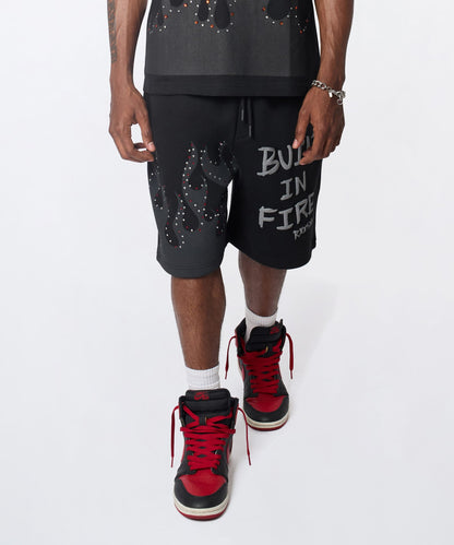 Reason Clothing Premium | Built In Fire Rhinestone Shorts - Black
