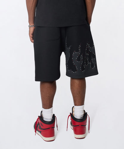 Reason Clothing Premium | Built In Fire Rhinestone Shorts - Black
