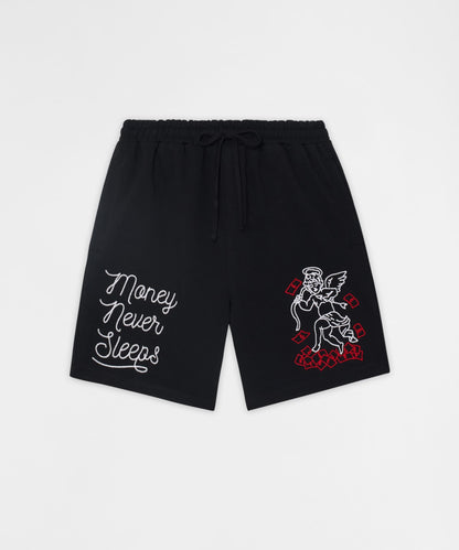 Reason Clothing Classic | Money Never Sleeps Embroidered Fleece Shorts - Black