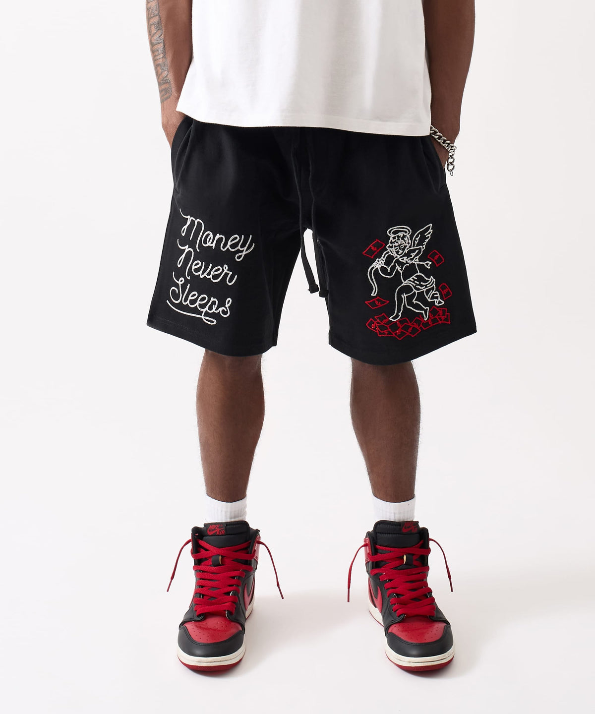 Reason Clothing Classic | Money Never Sleeps Embroidered Fleece Shorts - Black