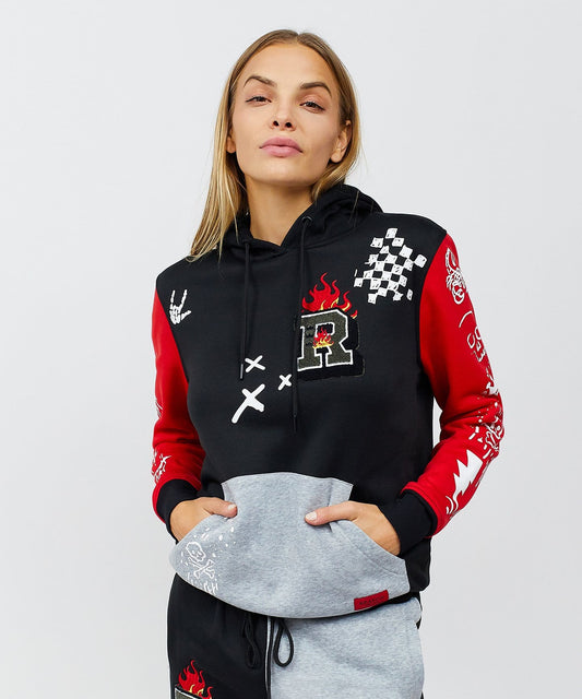 Reason Clothing Customer Favorite | Princeton Women's Graphic Pull-Over Long Sleeve Hoodie - Black