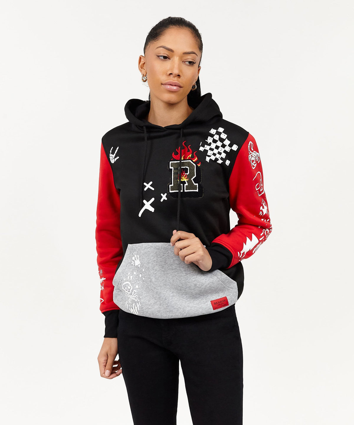 Reason Clothing Customer Favorite | Princeton Women's Graphic Pull-Over Long Sleeve Hoodie - Black