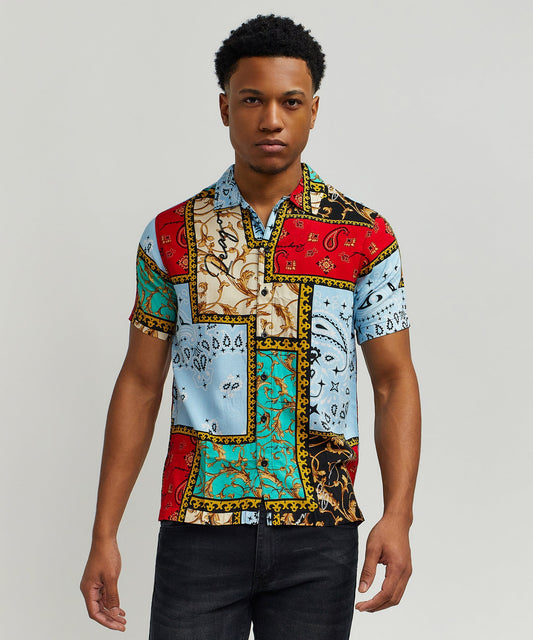 Reason Clothing Trending | Baroque Patchwork Viscose Button-Down Short Sleeve Shirt - Multicolor