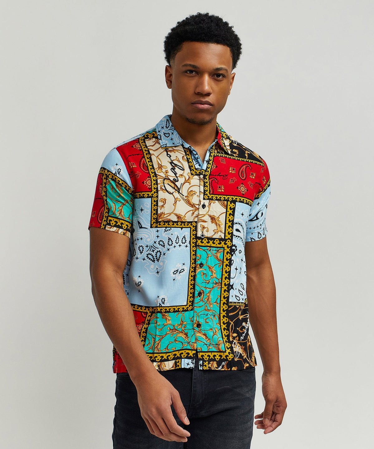Reason Clothing Trending | Baroque Patchwork Viscose Button-Down Short Sleeve Shirt - Multicolor