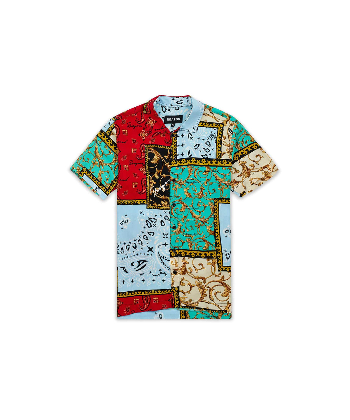 Reason Clothing Trending | Baroque Patchwork Viscose Button-Down Short Sleeve Shirt - Multicolor
