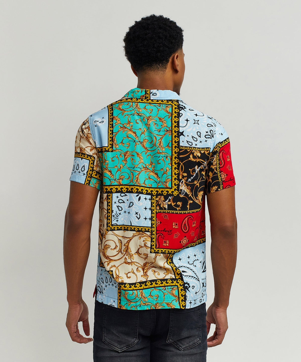 Reason Clothing Trending | Baroque Patchwork Viscose Button-Down Short Sleeve Shirt - Multicolor