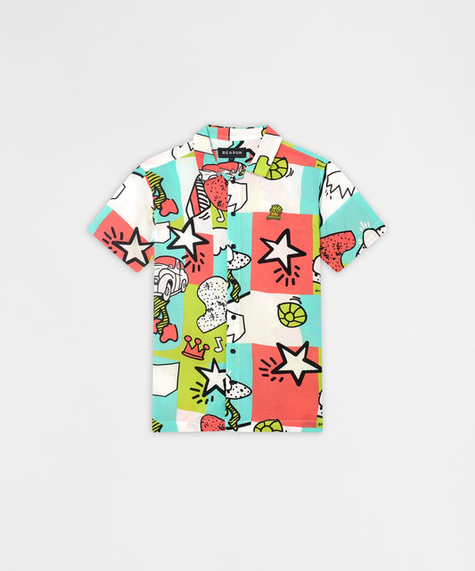 Reason Clothing Deals | Retro Pop Art Viscose Button-Down Short Sleeve Shirt - Black