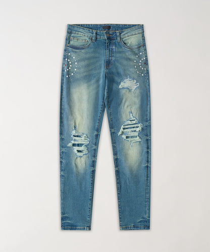 Reason Clothing Deals | Starburst Studded Skinny Jeans - Dark Blue