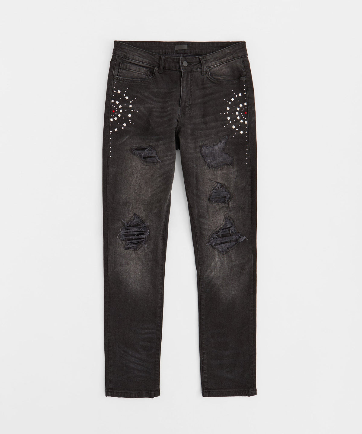 Reason Clothing Premium | Starburst Rhinestone Distressed Skinny Jeans - Black
