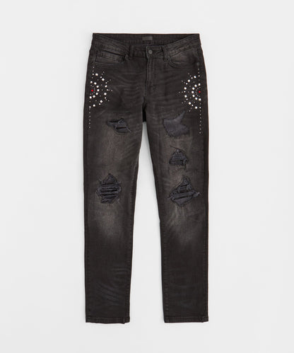 Reason Clothing Premium | Starburst Rhinestone Distressed Skinny Jeans - Black