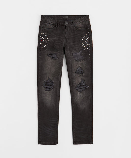 Reason Clothing Premium | Starburst Rhinestone Distressed Skinny Jeans - Black