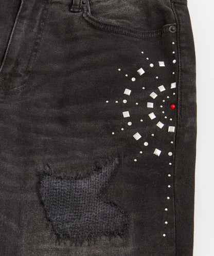 Reason Clothing Premium | Starburst Rhinestone Distressed Skinny Jeans - Black