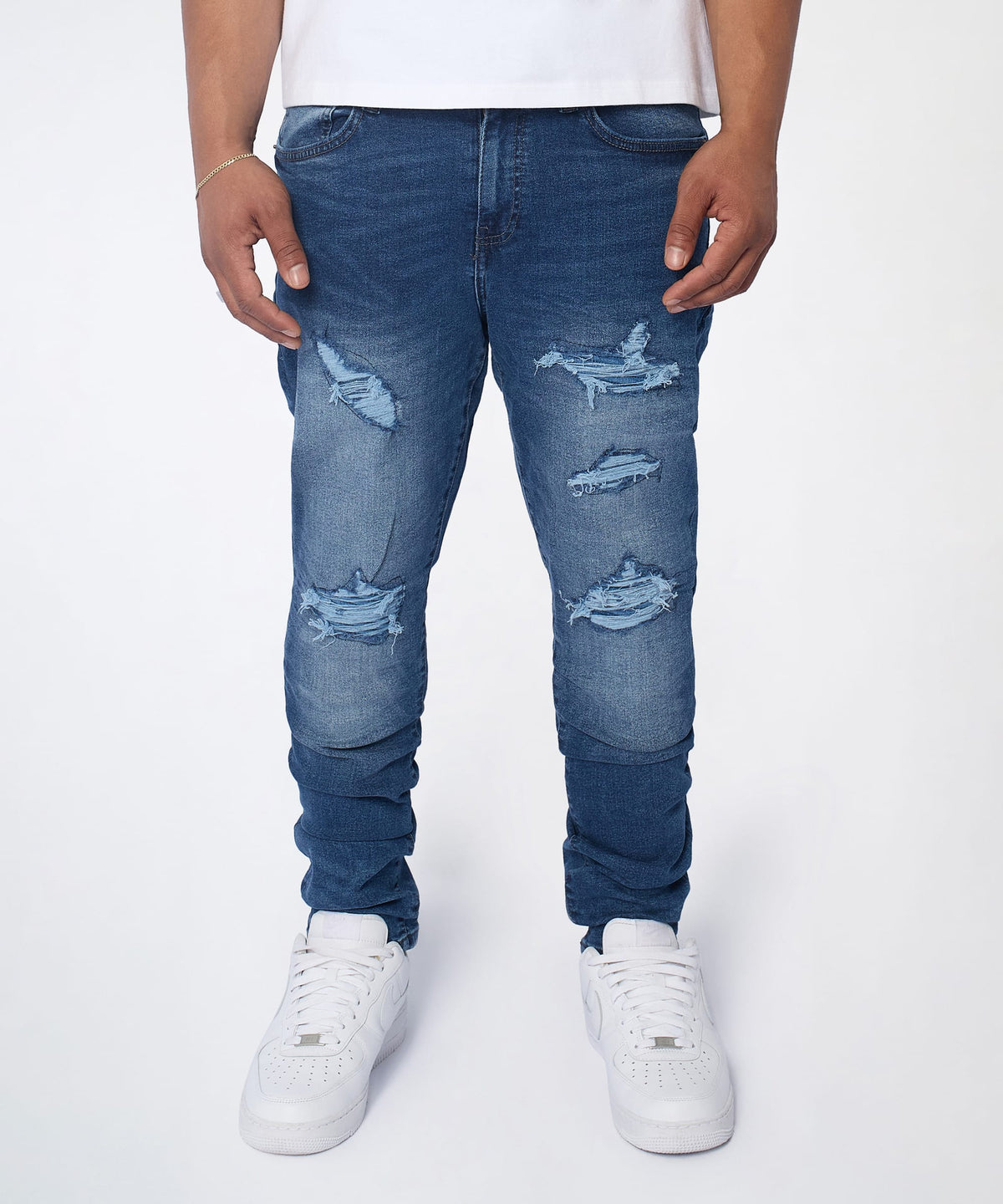 Reason Clothing Best Price | Classic Distressed Skinny Jeans - Medium Indigo