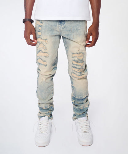 Reason Clothing Deals | Shredded Moto Distressed Skinny Jeans - Medium Indigo