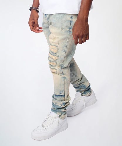 Reason Clothing Deals | Shredded Moto Distressed Skinny Jeans - Medium Indigo