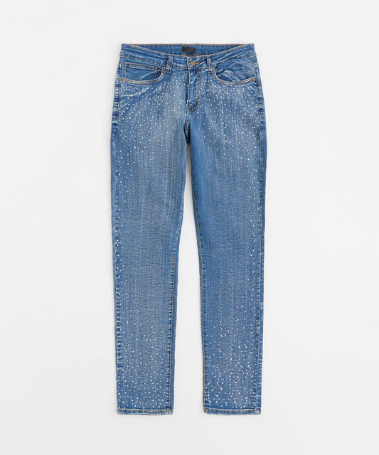 Reason Clothing Trusted | Stoned Out Rhinestone Denim Skinny Jeans - Light Blue