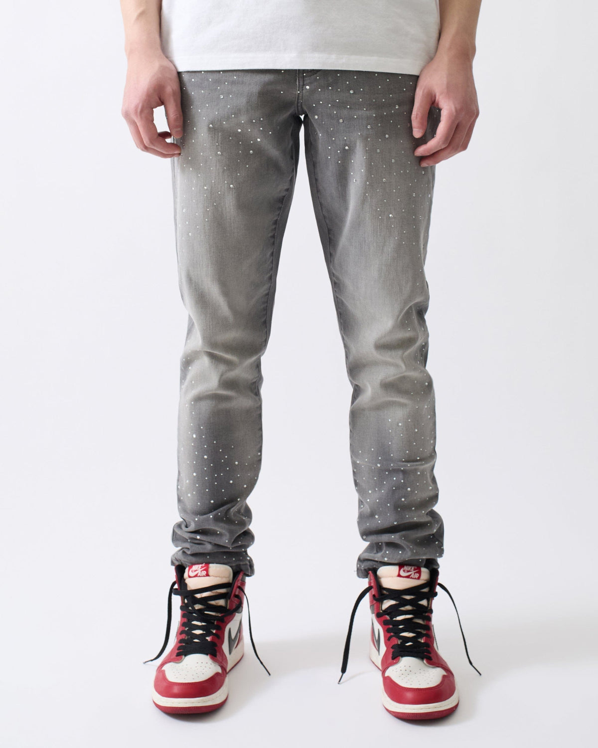 Reason Clothing Classic | Stoned Out Rhinestone Denim Skinny Jeans - Grey