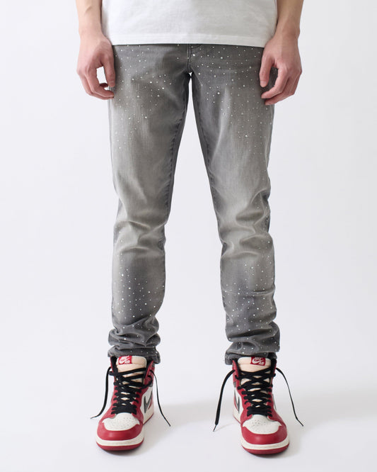 Reason Clothing Classic | Stoned Out Rhinestone Denim Skinny Jeans - Grey