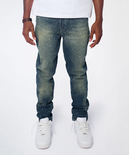 Reason Clothing Special Offer | Starburst Rhinestone Distressed Skinny Jeans - Dark Blue