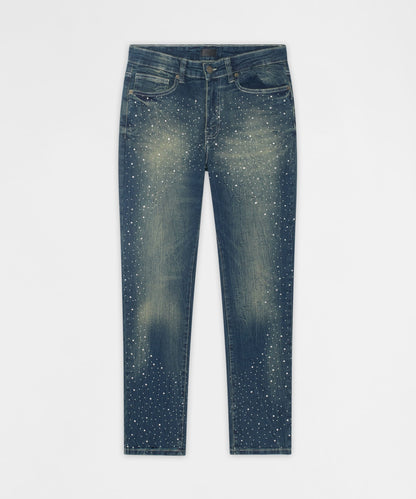 Reason Clothing Special Offer | Starburst Rhinestone Distressed Skinny Jeans - Dark Blue