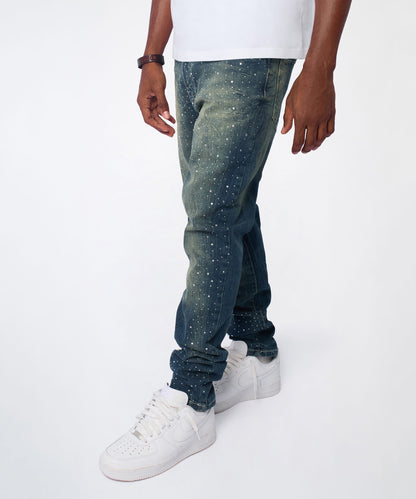 Reason Clothing Special Offer | Starburst Rhinestone Distressed Skinny Jeans - Dark Blue