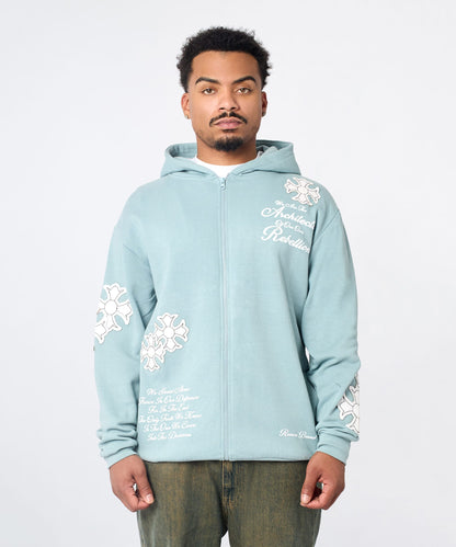 Reason Clothing Recommended | Rebellion Chenille Patched Zip Up Hoodie - Medium Blue