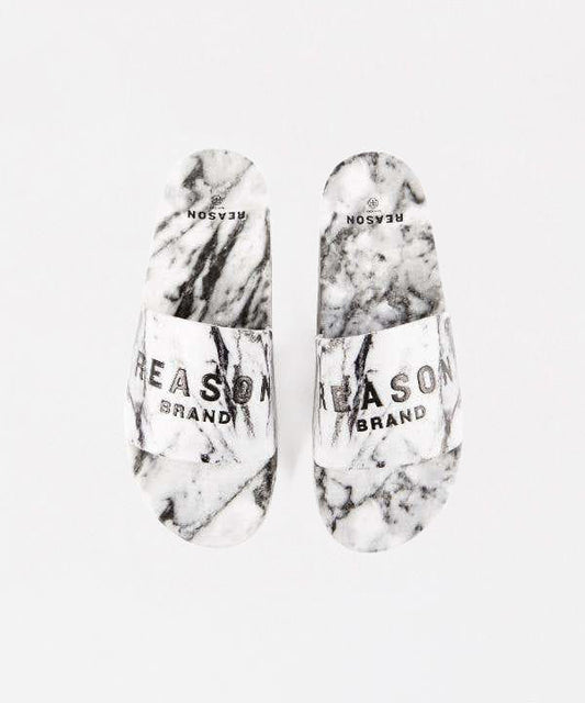 Reason Clothing Premium | Marble Allover Print Logo Slides - White