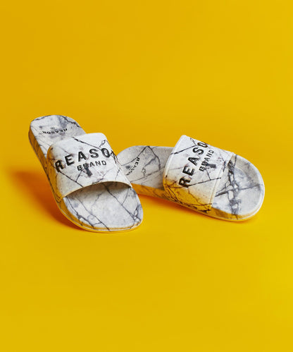 Reason Clothing Premium | Marble Allover Print Logo Slides - White