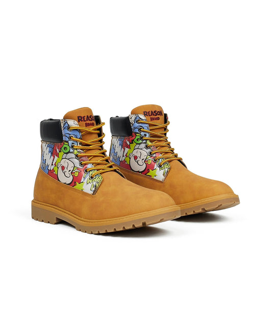 Reason Clothing Exclusive | Popeye X Reason Collab Faux Suede Comic Print Boots - Tan