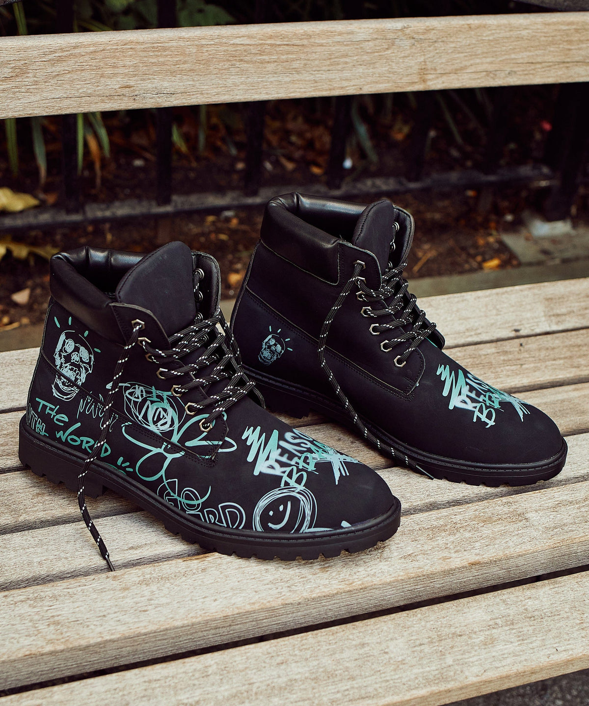 Reason Clothing Signature | Skull Flower Faux Suede Graffiti Print Boots - Black