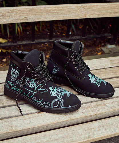 Reason Clothing Signature | Skull Flower Faux Suede Graffiti Print Boots - Black