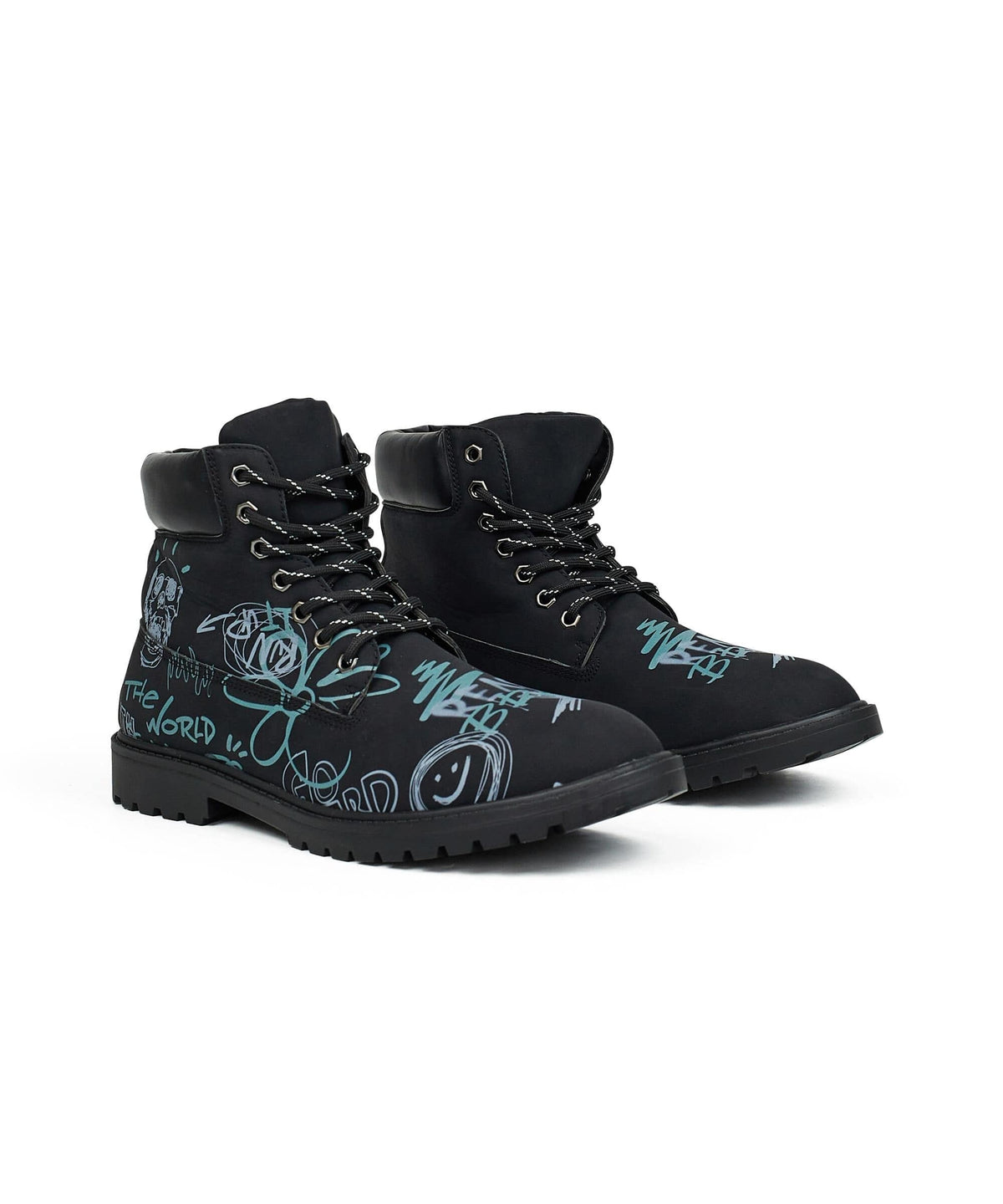 Reason Clothing Signature | Skull Flower Faux Suede Graffiti Print Boots - Black