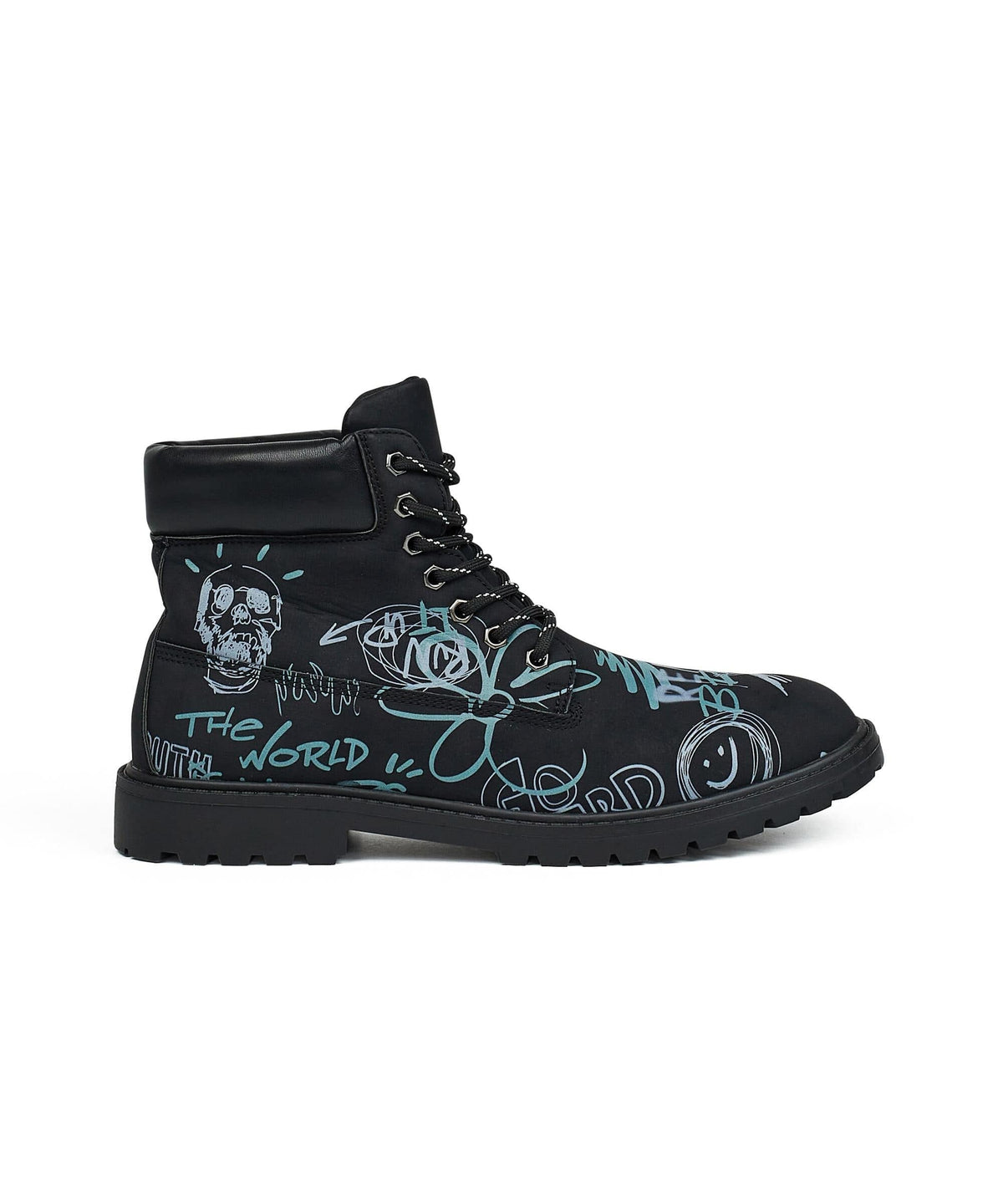 Reason Clothing Signature | Skull Flower Faux Suede Graffiti Print Boots - Black
