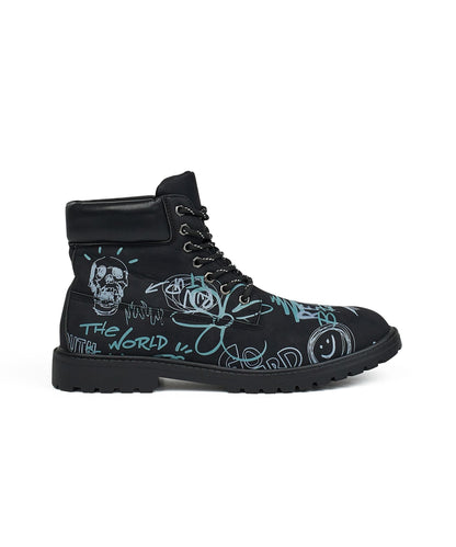 Reason Clothing Signature | Skull Flower Faux Suede Graffiti Print Boots - Black