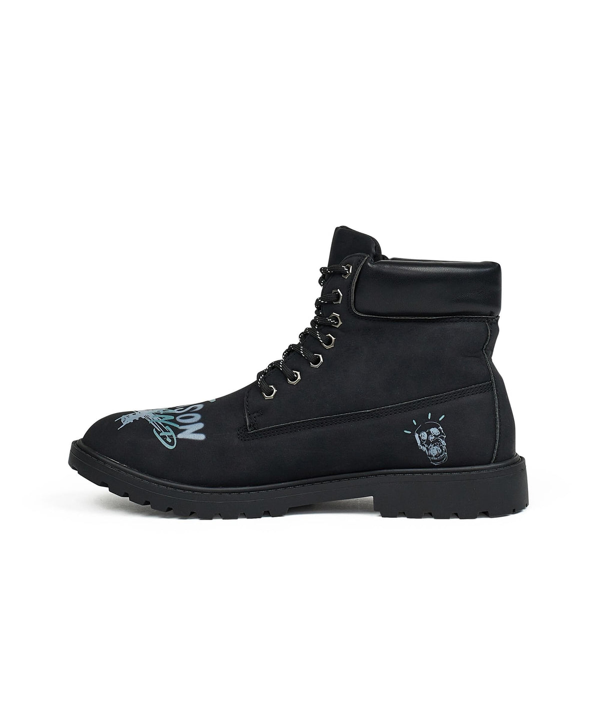 Reason Clothing Signature | Skull Flower Faux Suede Graffiti Print Boots - Black